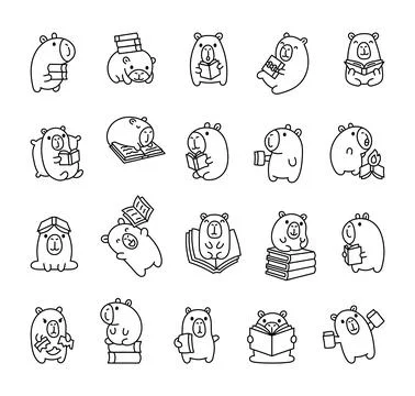 Capybara characters set with books Stock Illustration