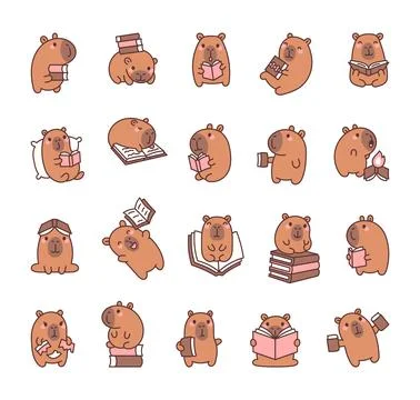 Capybara characters set with books Stock Illustration