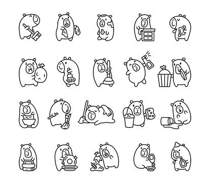 Capybara cleaning tools set featuring cartoon Stock Illustration
