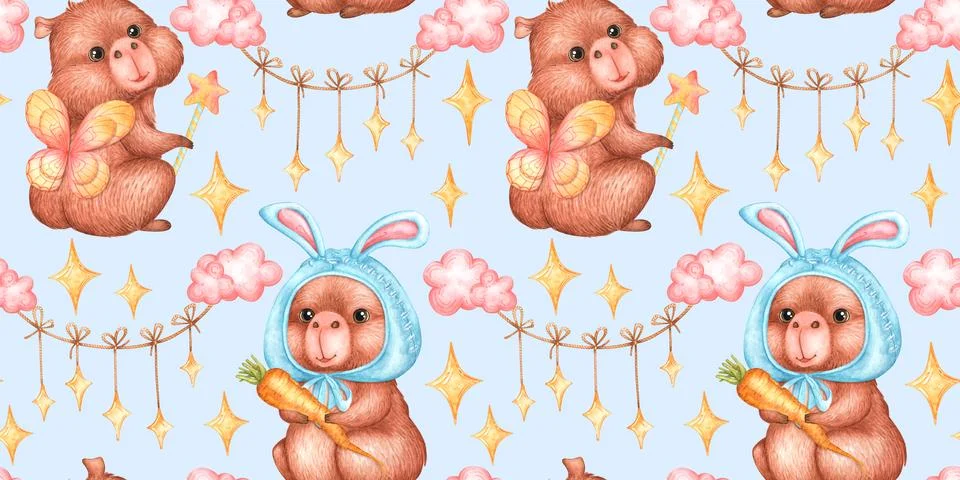Capybara clouds stars seamless pattern Stock Illustration