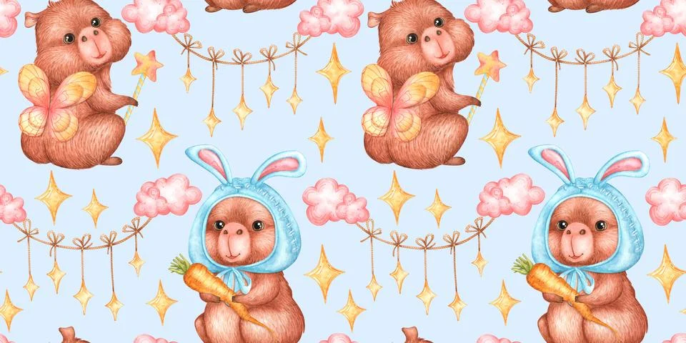 Capybara clouds stars seamless pattern イラスト素材