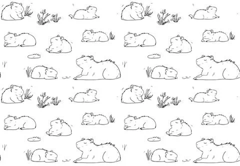 Capybara coloring page seamless pattern. Cartoon cute drawing capy fashion print Stock Illustration