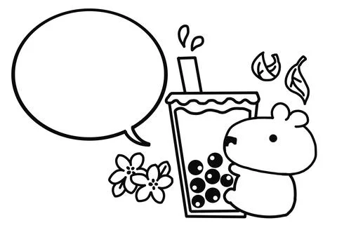 Capybara with a cup of bubble tea for mascot coloring pages style. Stock Illustration