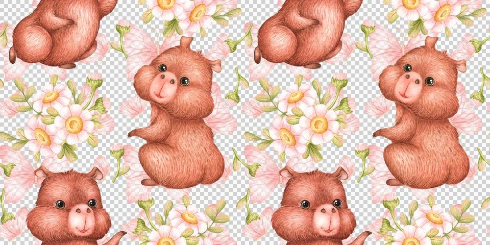 Capybara daisy bouquet butterfly pattern Stock Illustration