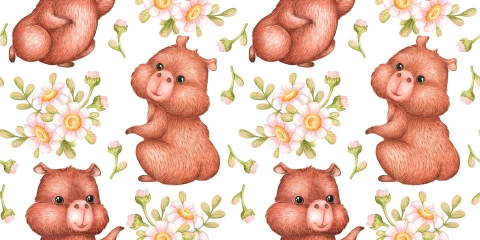 Capybara daisy bouquet seamless pattern Stock Illustration