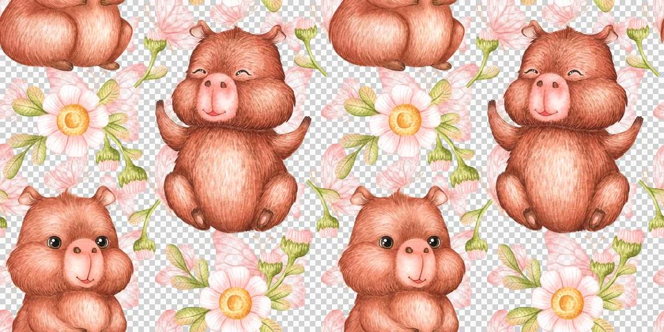 Capybara daisy butterfly seamless pattern Stock Illustration