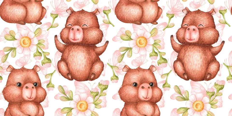 Capybara daisy butterfly seamless pattern Stock Illustration