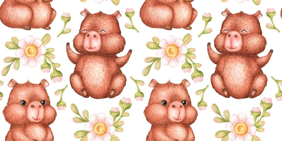 A Capybara daisy seamless pattern Stock Illustration