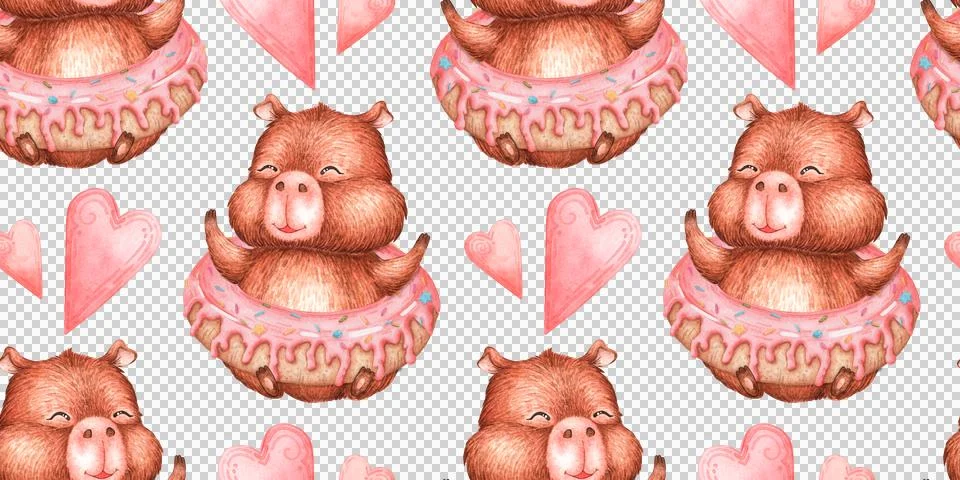 Capybara donut hearts seamless pattern watercolor 스톡 일러스트