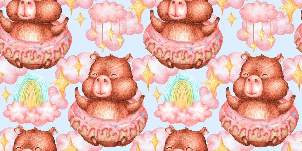 Capybara donut rainbow dense clouds pattern イラスト素材