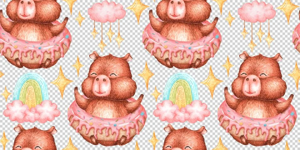 Capybara donut rainbow stars pattern watercolor イラスト素材