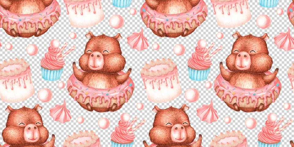 Capybara donut sweets birthday pattern 스톡 일러스트