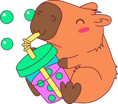 Capybara drinking bubble tea beverage vector isolated character Stock Illustration