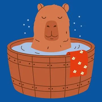 Capybara enjoys bathing in barrel of water. Hand drawn vector illustration. Stock Illustration