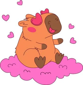 Capybara fall in love on pink cloud outline isolated vector love animal Stock Illustration