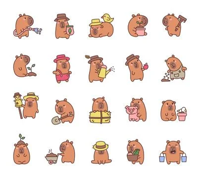 Capybara farm set featuring cute animal characters Stock Illustration