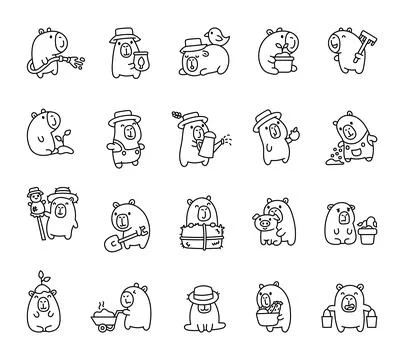 Capybara farm set featuring cute animal characters Stock Illustration