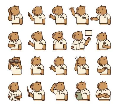 Capybara guide character set with many poses Stock Illustration