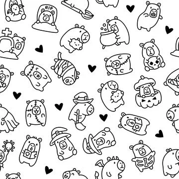 Capybara Halloween seamless pattern set Stock Illustration