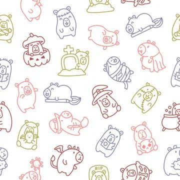 Capybara Halloween seamless pattern set Illustrazione stock