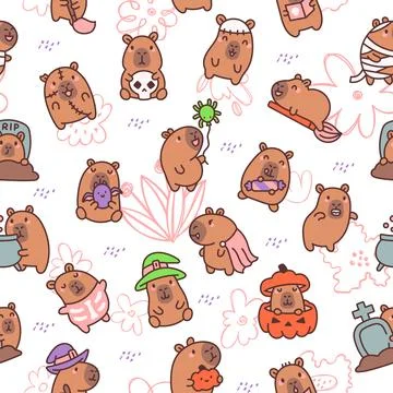 Capybara Halloween seamless pattern set Illustrazione stock