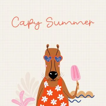 Capybara illustration. Summer theme composition with cute animal character. Stock Illustration