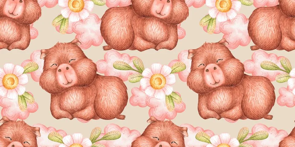 Capybara lying daisies pink clouds pattern 스톡 일러스트