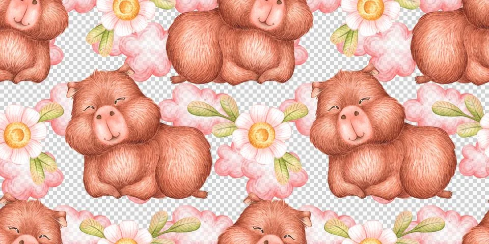 Capybara lying daisies pink clouds pattern 스톡 일러스트