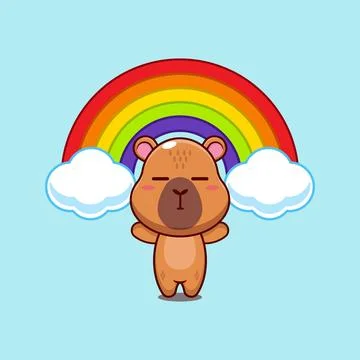 Capybara mascot cartoon character vector illustration with rainbow. Stock Illustration