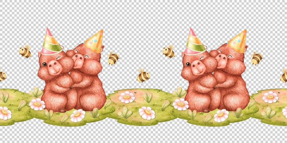 Capybara meadow birthday seamless pattern watercolor Stock Illustration
