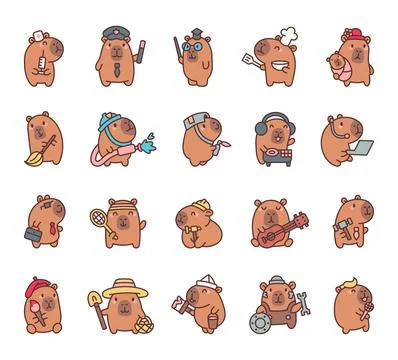 Capybara professions cartoon set Stock Illustration