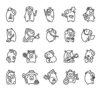 Capybara professions cartoon set Stock Illustration