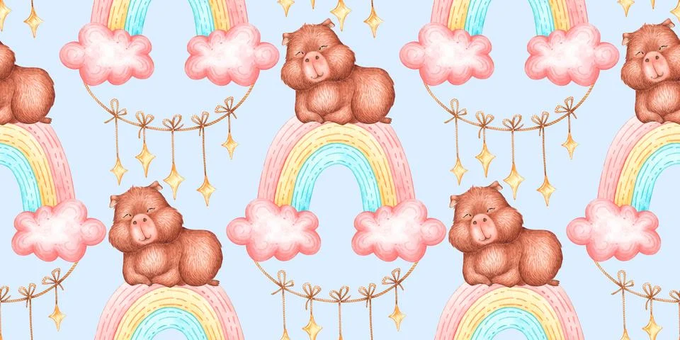 Capybara on rainbow clouds seamless pattern Stockillustratie