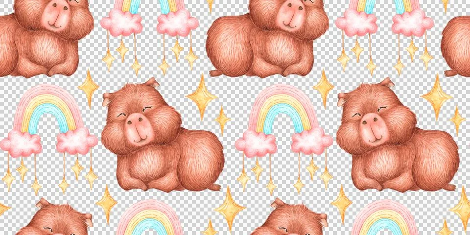 Capybara rainbow stars seamless pattern watercolor イラスト素材