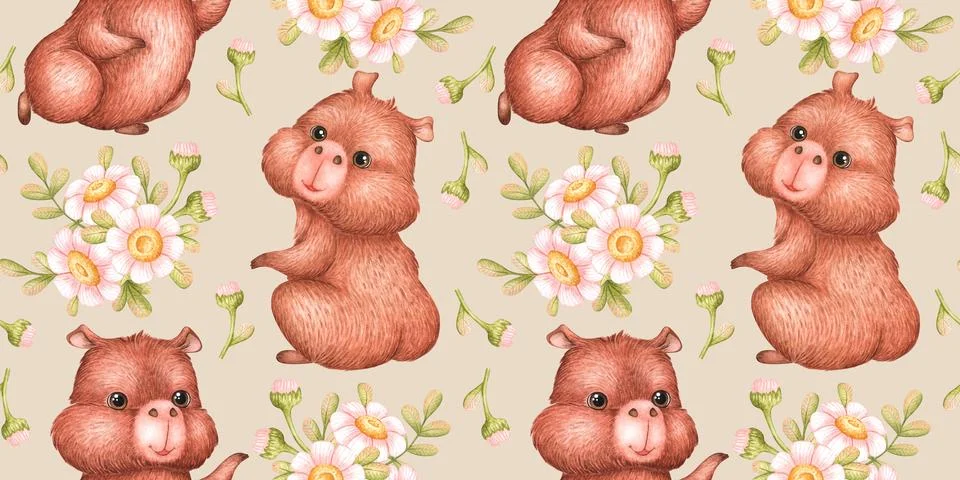 Capybaras with bouquets of daisies pattern Stock Illustration