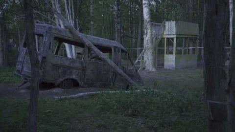 Car abandoned in the forest, tires, objects, horror, evening Stock Footage 271332464