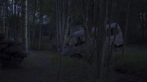 Car abandoned in the forest, tires, objects, horror, evening Stock Footage 271332799