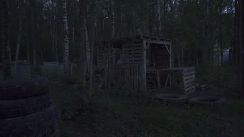 Car abandoned in the forest, tires, objects, horror, evening Stock Footage 271333413