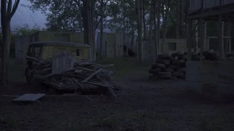 Car abandoned in the forest, tires, objects, horror, evening Stock Footage 271333418