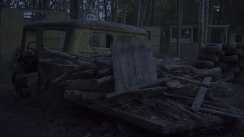 Car abandoned in the forest, tires, objects, horror, evening Stock Footage 271334311