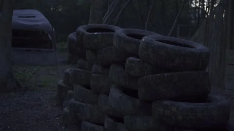 Car abandoned in the forest, tires, objects, horror, evening Stock Footage 271334866