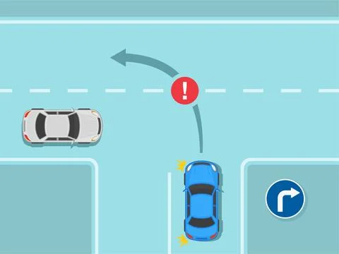 Car is about to make a left turn on a three way junction with right turn. Stock Illustration