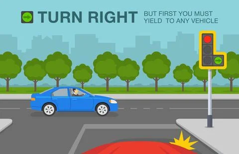 Car is about to turn right after giving way to other vehicle. Right turn permit. Illustrazione stock