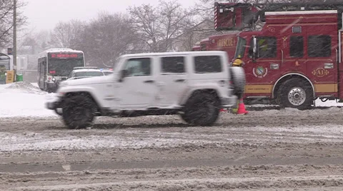 Car accident and crash scene in snowstorm and blizzard Stock Footage 36212340