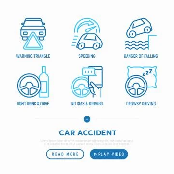 Car accident causes thin line icons set: drunk driving, car insurance Stock Illustration