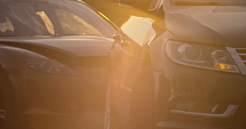 Car accident in the city. View of two modern cars crashed standing stuck on the Video stock 112953796