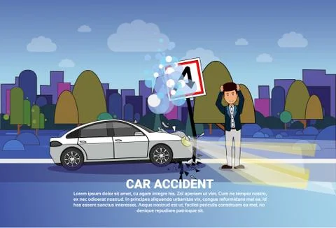 Car Accident Concept Man Driver Standing At Broken Vehicle On Road At Night Over Ilustração Stock