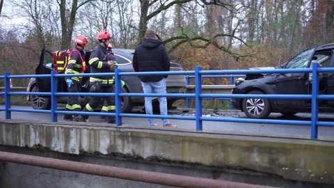 Car accident firefighters arrived help from firefighters Stock Footage 257506541