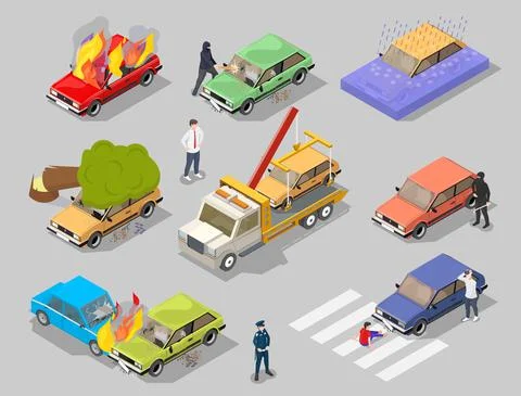 Car accident isolated vector isometric 3d set Stock Illustration