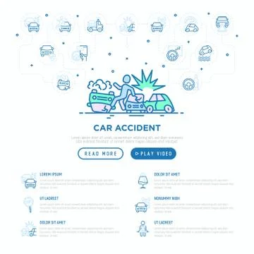 Car accident web page template with thin line icons set: crashed cars Stock Illustration